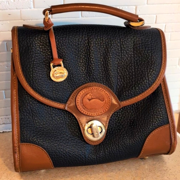 Dooney & Bourke Handbags - Vintage Dooney and Bourke Pebbled Leather Brown and Navy Flap Top Handle Purse